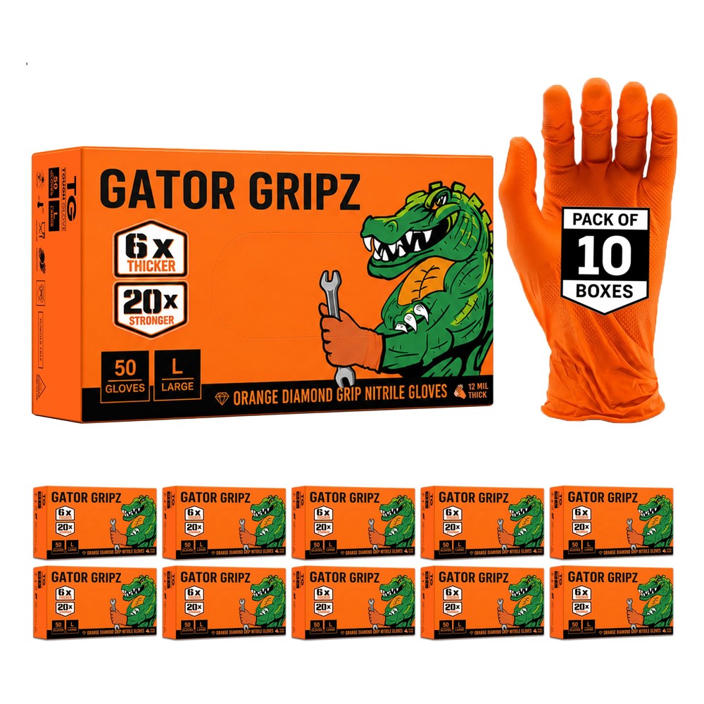 TG Tough Glove Gator Gripz Orange Nitrile Gloves, Large (500 Pack)